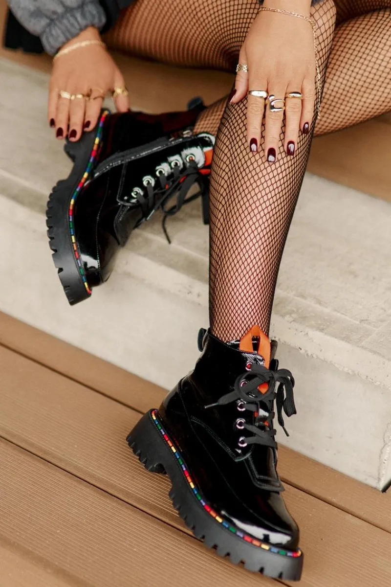 Outlet Boto Skórzane Lakierowane Botki Workery Na Zamek Czarne Anafra