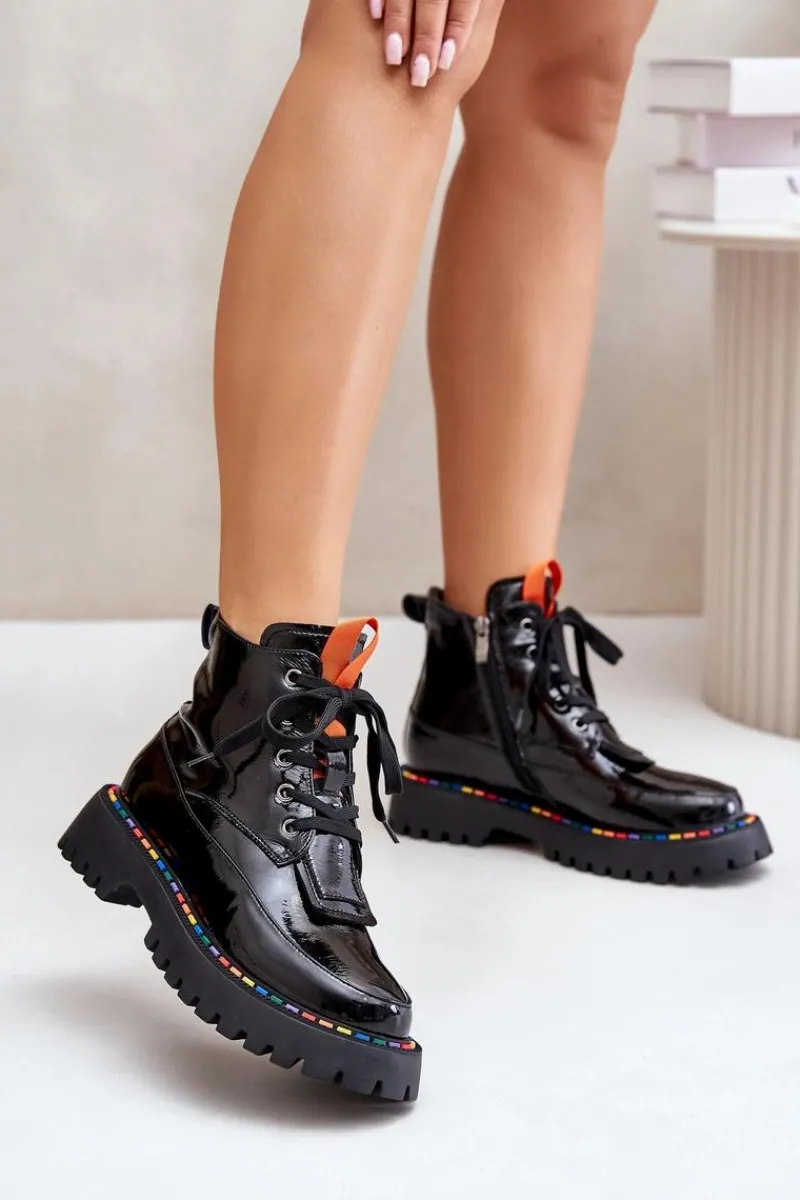 Outlet Boto Skórzane Lakierowane Botki Workery Na Zamek Czarne Anafra