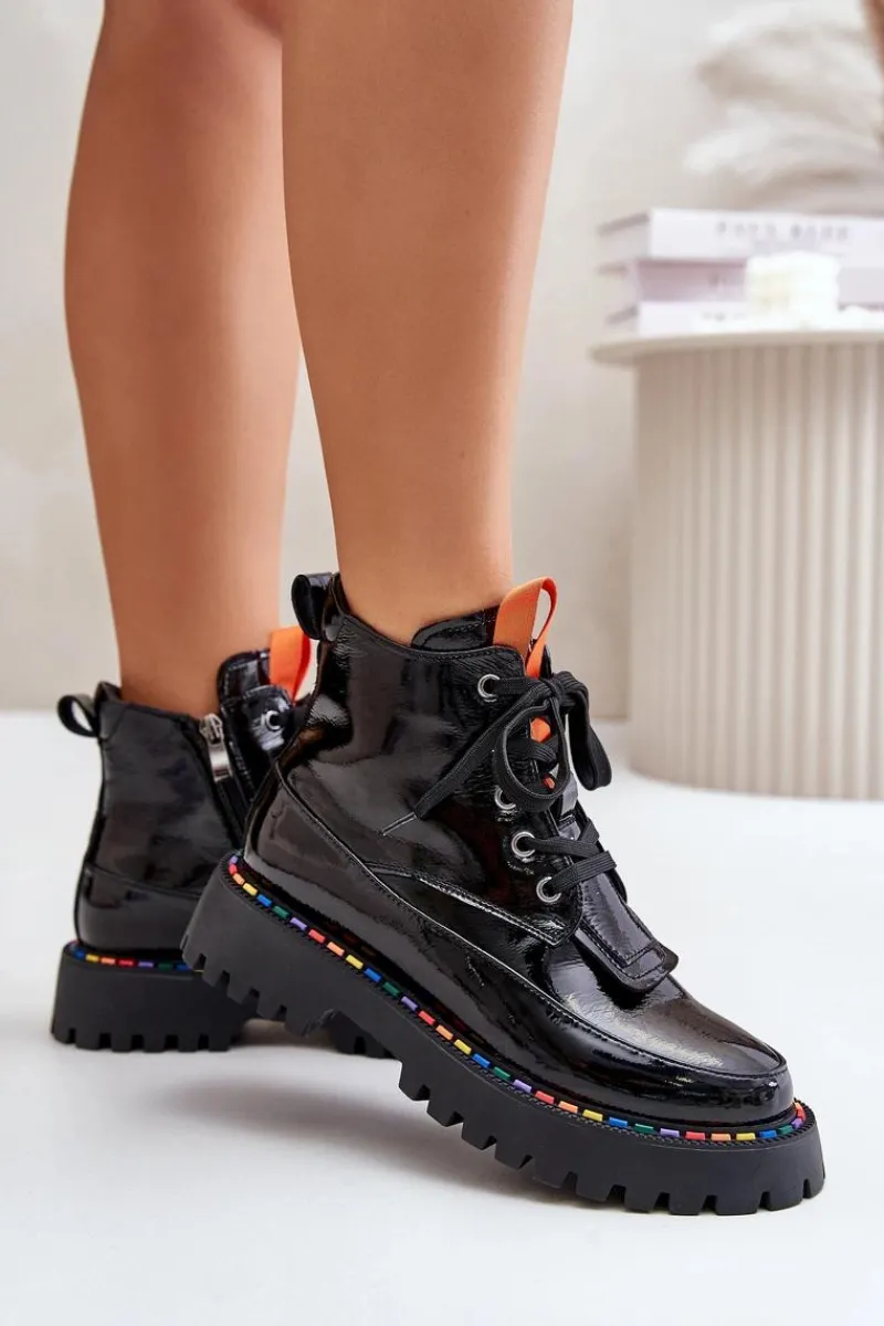 Outlet Boto Skórzane Lakierowane Botki Workery Na Zamek Czarne Anafra