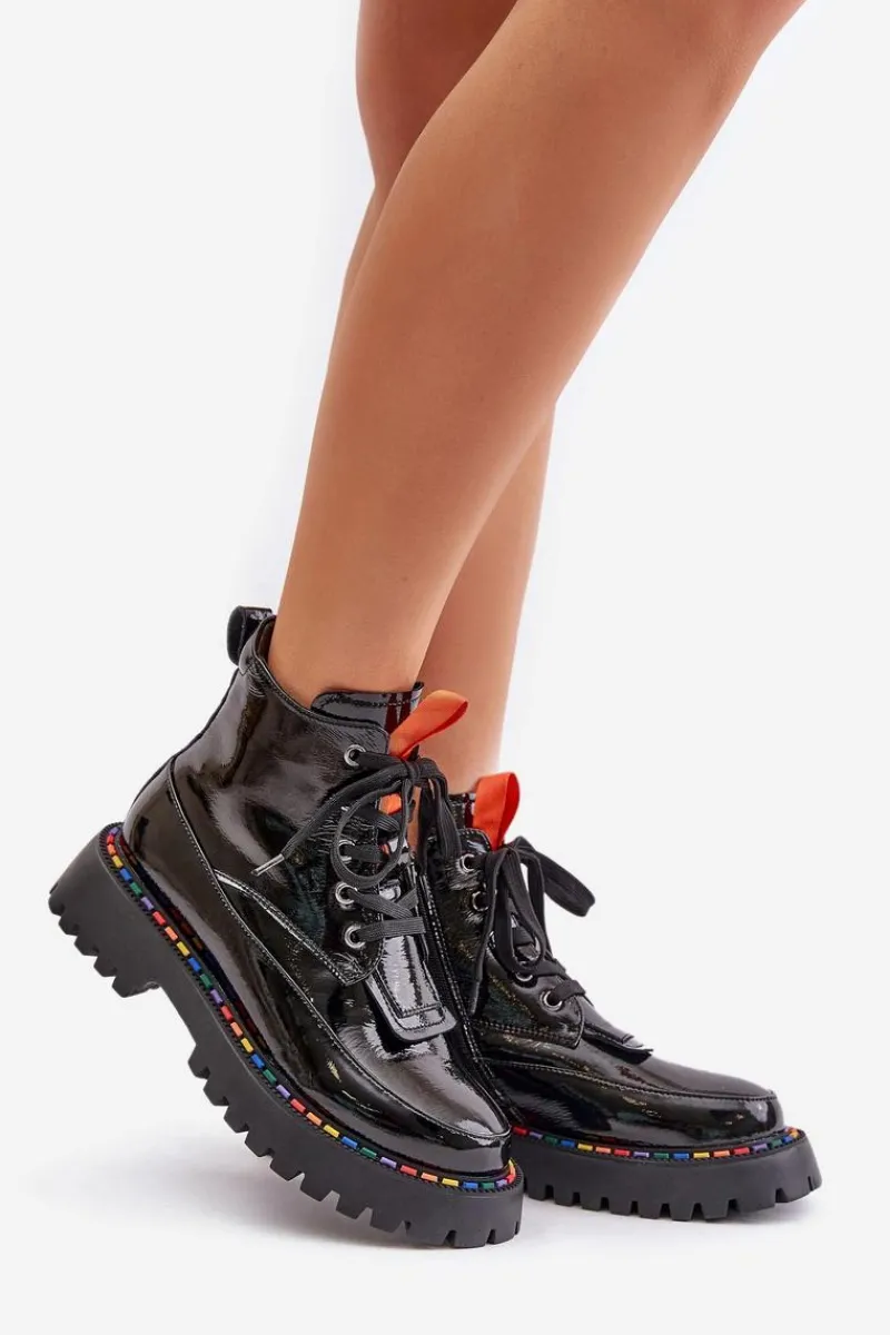 Outlet Boto Skórzane Lakierowane Botki Workery Na Zamek Czarne Anafra