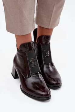 New Zazoo Skórzane Lakierowane Botki Na Klocku Z Ozdobnym Detalem Ocieplane 60560 Bordowe Czerwony