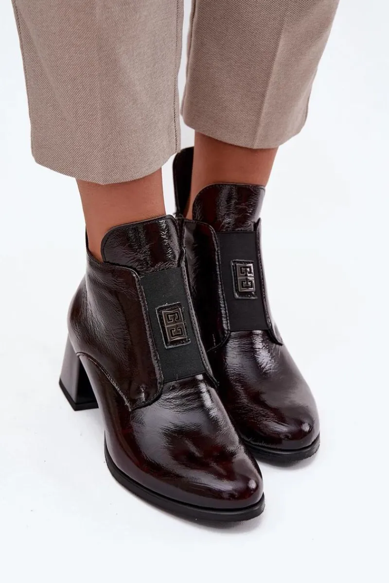 New Zazoo Skórzane Lakierowane Botki Na Klocku Z Ozdobnym Detalem Ocieplane 60560 Bordowe Czerwony