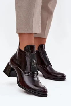 New Zazoo Skórzane Lakierowane Botki Na Klocku Z Ozdobnym Detalem Ocieplane 60560 Bordowe Czerwony