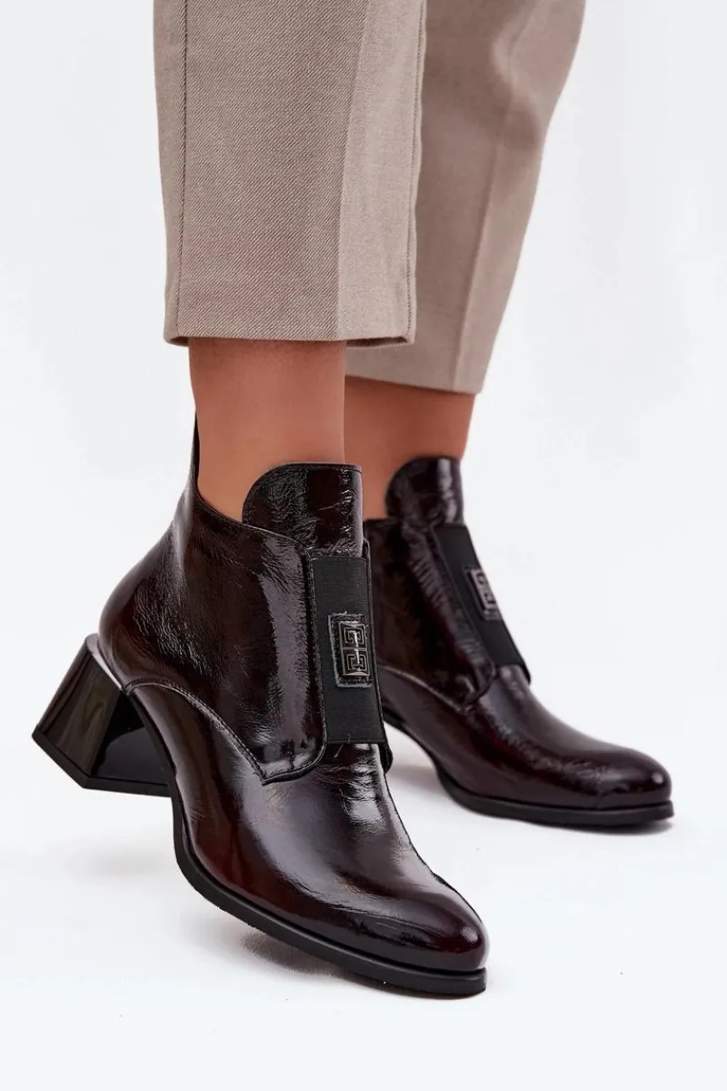 New Zazoo Skórzane Lakierowane Botki Na Klocku Z Ozdobnym Detalem Ocieplane 60560 Bordowe Czerwony