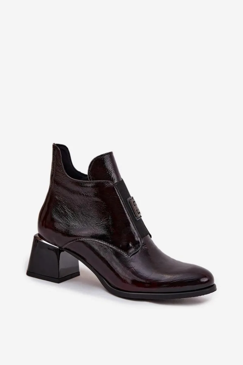 New Zazoo Skórzane Lakierowane Botki Na Klocku Z Ozdobnym Detalem Ocieplane 60560 Bordowe Czerwony