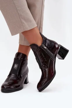 New Zazoo Skórzane Lakierowane Botki Na Klocku Z Ozdobnym Detalem Ocieplane 60560 Bordowe Czerwony