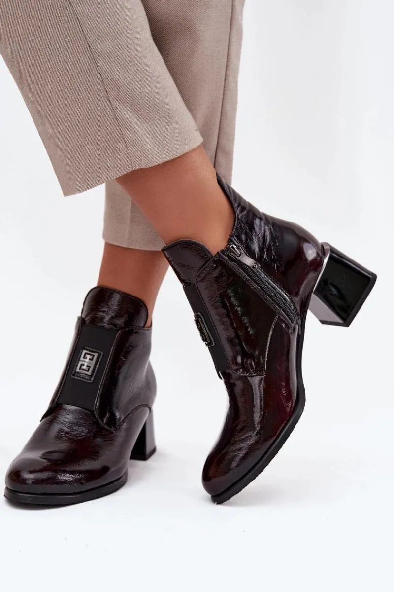 New Zazoo Skórzane Lakierowane Botki Na Klocku Z Ozdobnym Detalem Ocieplane 60560 Bordowe Czerwony