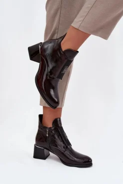 New Zazoo Skórzane Lakierowane Botki Na Klocku Z Ozdobnym Detalem Ocieplane 60560 Bordowe Czerwony