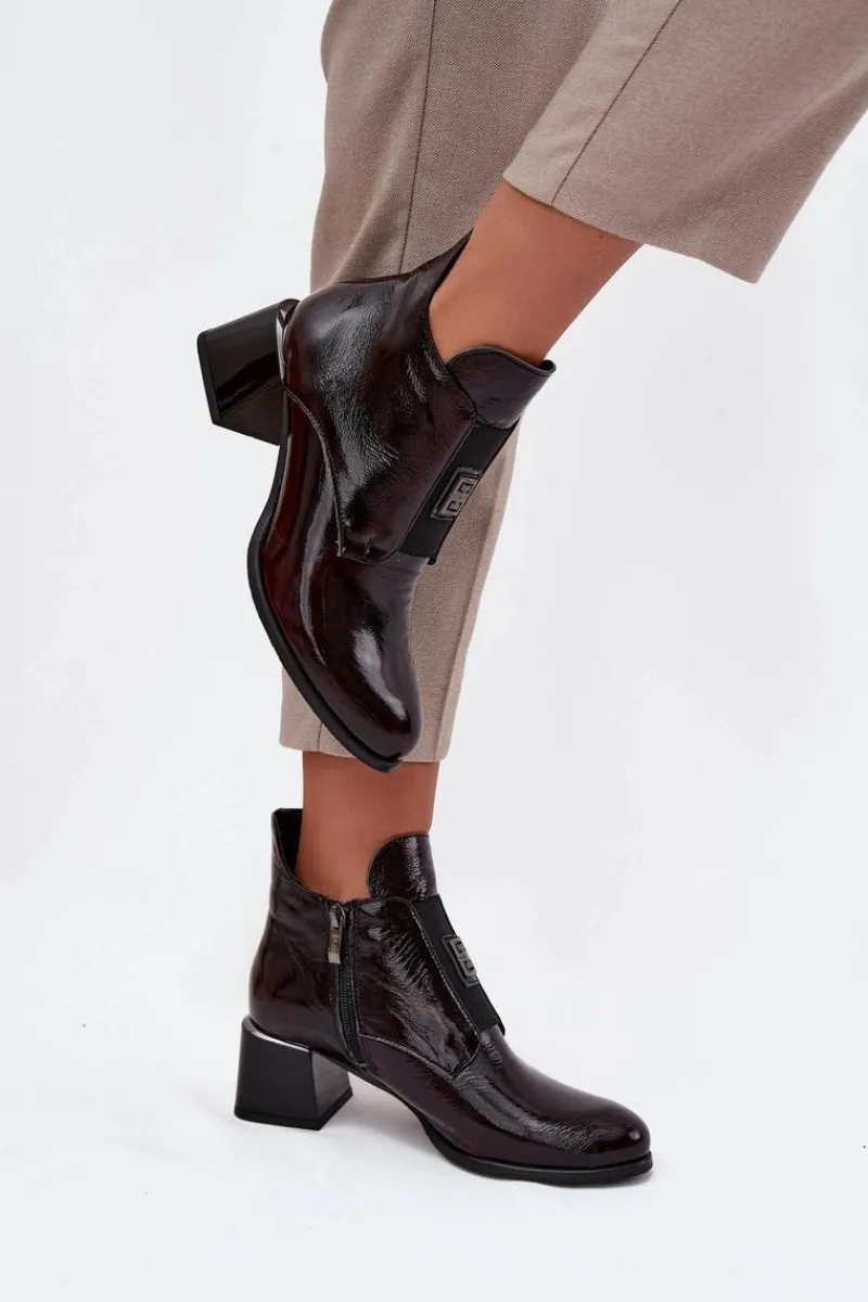 New Zazoo Skórzane Lakierowane Botki Na Klocku Z Ozdobnym Detalem Ocieplane 60560 Bordowe Czerwony