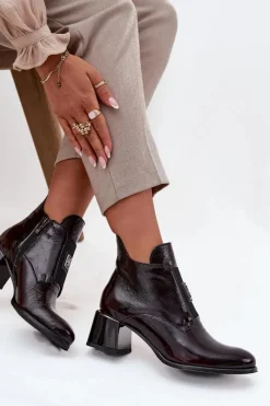 New Zazoo Skórzane Lakierowane Botki Na Klocku Z Ozdobnym Detalem Ocieplane 60560 Bordowe Czerwony