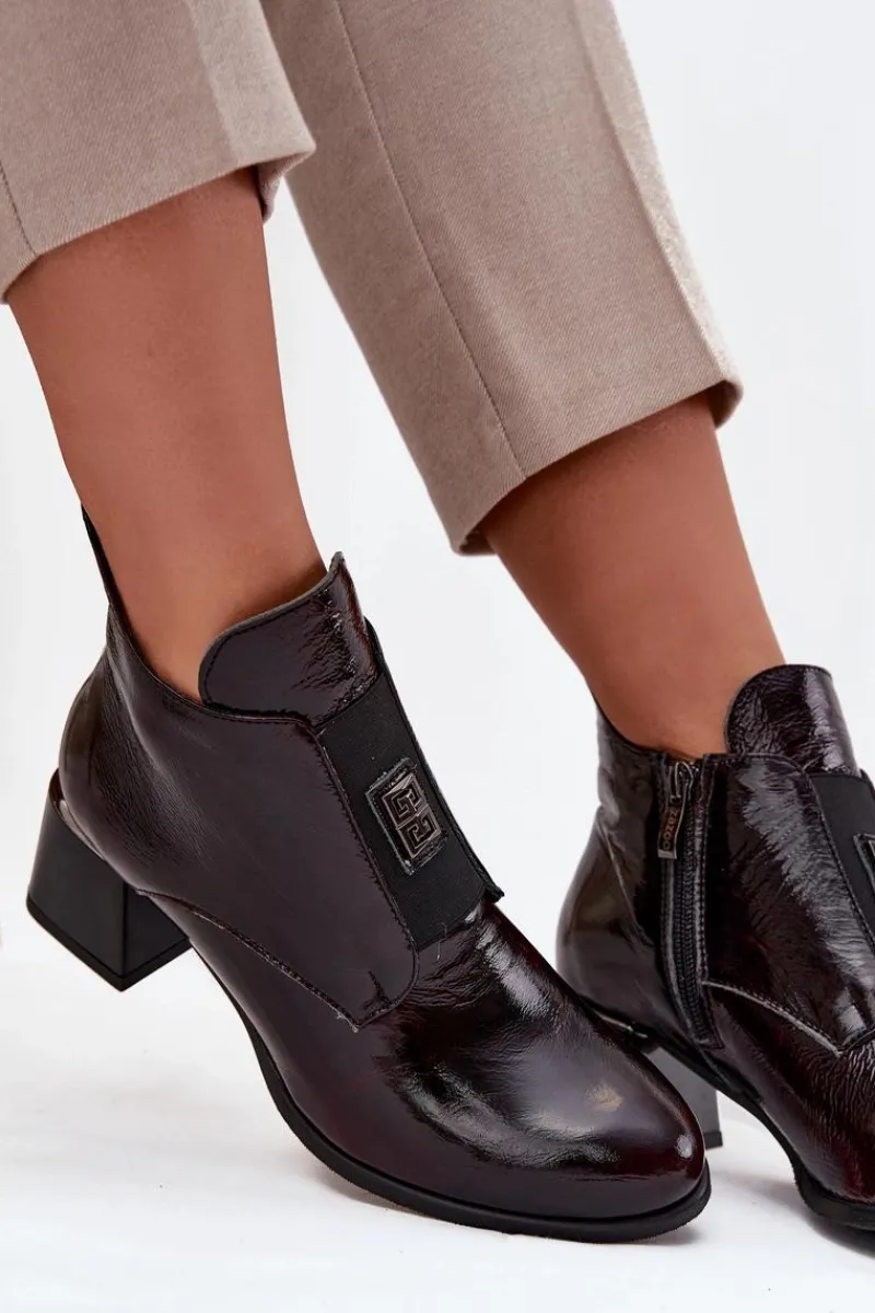 New Zazoo Skórzane Lakierowane Botki Na Klocku Z Ozdobnym Detalem Ocieplane 60560 Bordowe Czerwony