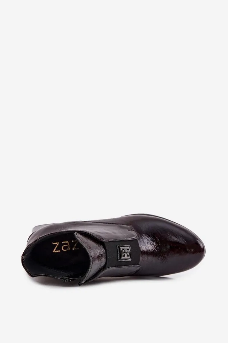 New Zazoo Skórzane Lakierowane Botki Na Klocku Z Ozdobnym Detalem Ocieplane 60560 Bordowe Czerwony