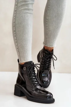 Botki Sznurowane|Czarne Botki>Damskie buty S.Barski Skórzane Lakierowane Botki Na Klocku Ocieplane D&A JC42-78 Czarne