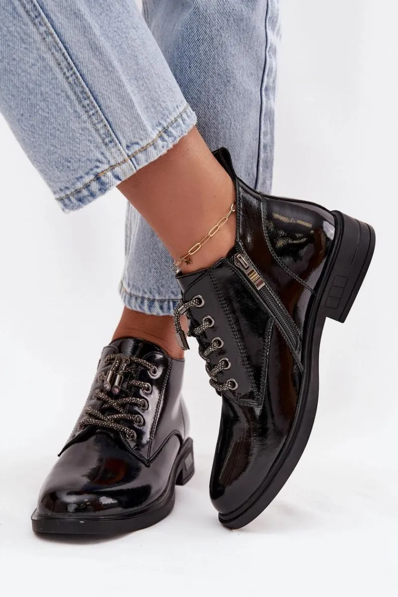 Sale Skórzane Lakierowane Botki Damskie Z Ozdobnym Sznurowaniem MR52-124 Czarne Damskie Botki Ocieplane|Botki Sznurowane