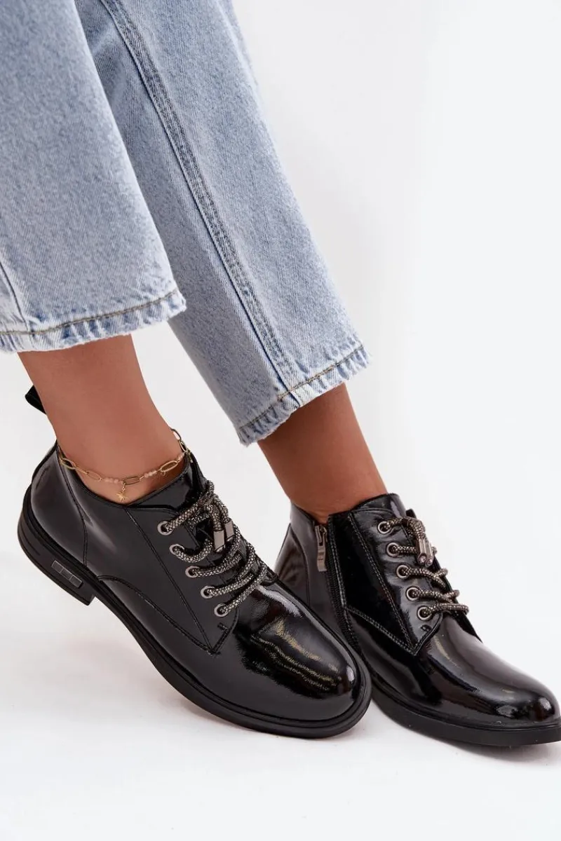 Sale Skórzane Lakierowane Botki Damskie Z Ozdobnym Sznurowaniem MR52-124 Czarne Damskie Botki Ocieplane|Botki Sznurowane