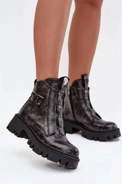 Outlet Artiker Skórzane Lakierowane Botki Damskie Z Ozdobą Ocieplane 57C2081 Grafitowe Szary