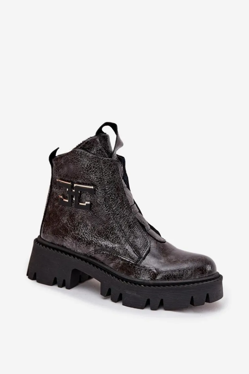 Outlet Artiker Skórzane Lakierowane Botki Damskie Z Ozdobą Ocieplane 57C2081 Grafitowe Szary