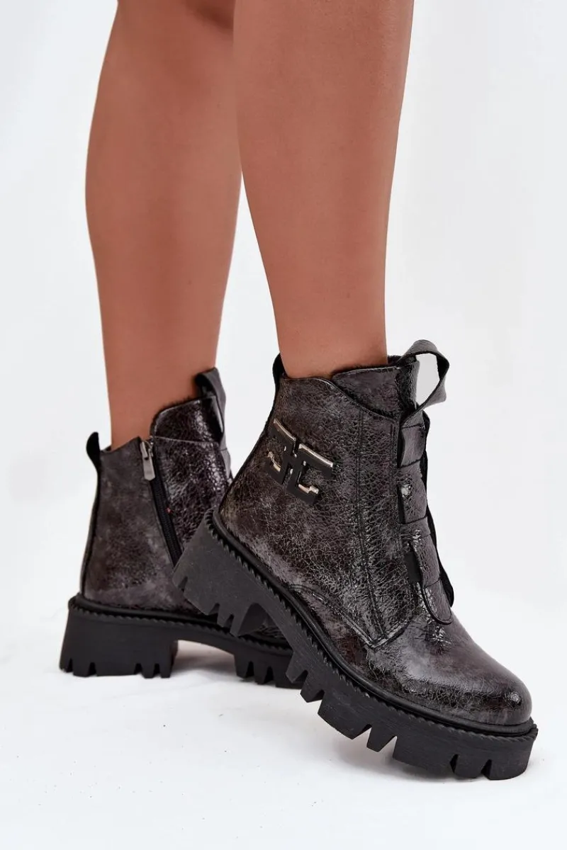 Outlet Artiker Skórzane Lakierowane Botki Damskie Z Ozdobą Ocieplane 57C2081 Grafitowe Szary