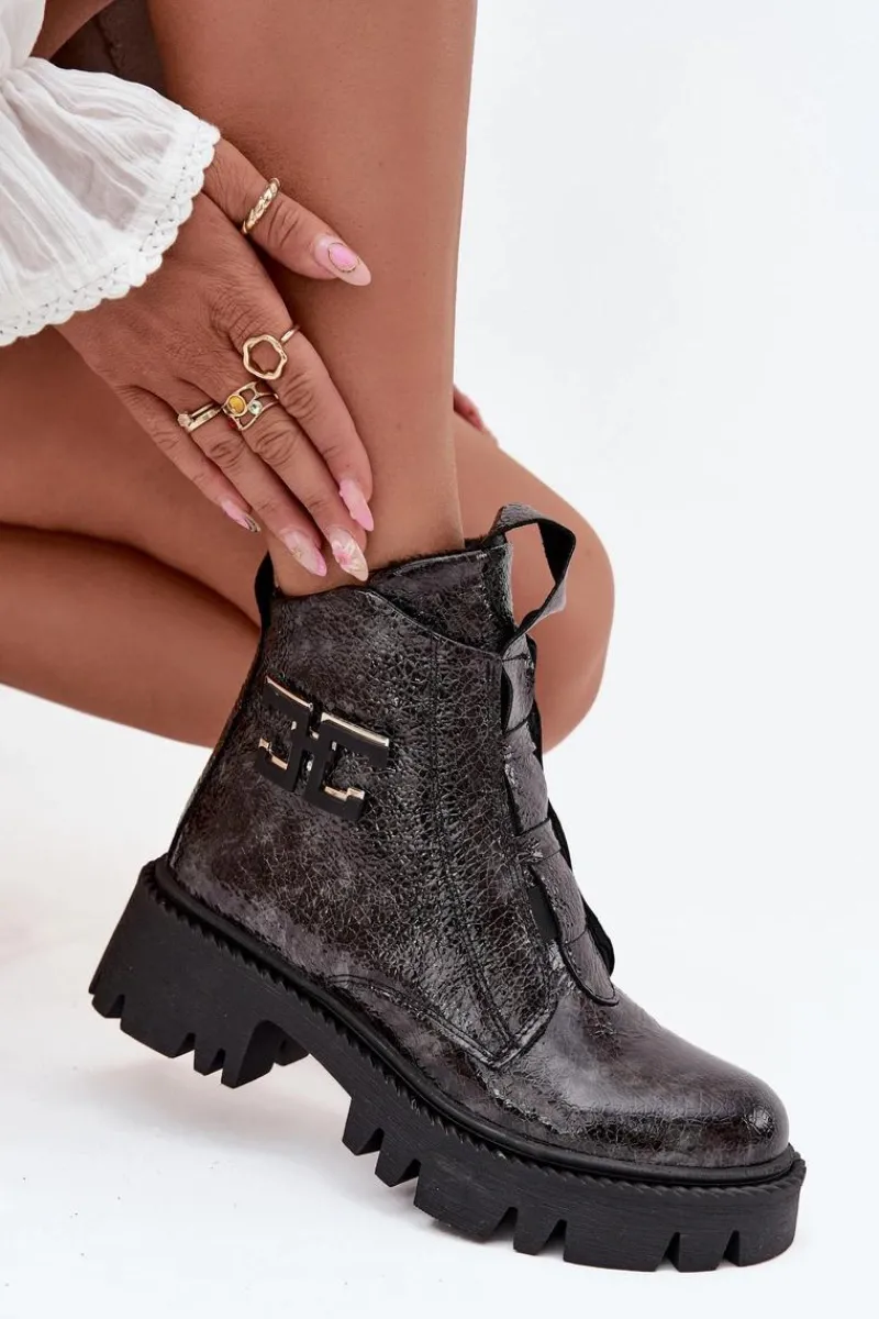 Outlet Artiker Skórzane Lakierowane Botki Damskie Z Ozdobą Ocieplane 57C2081 Grafitowe Szary