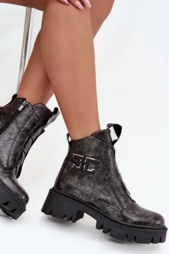 Outlet Artiker Skórzane Lakierowane Botki Damskie Z Ozdobą Ocieplane 57C2081 Grafitowe Szary