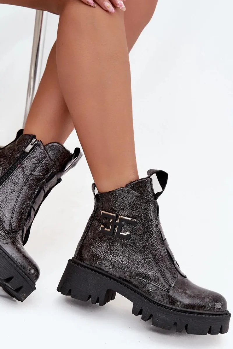 Outlet Artiker Skórzane Lakierowane Botki Damskie Z Ozdobą Ocieplane 57C2081 Grafitowe Szary