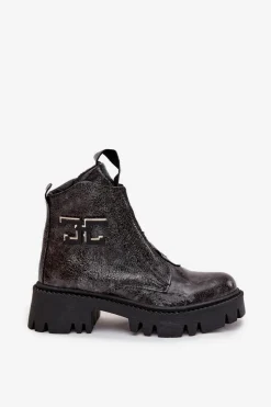 Outlet Artiker Skórzane Lakierowane Botki Damskie Z Ozdobą Ocieplane 57C2081 Grafitowe Szary