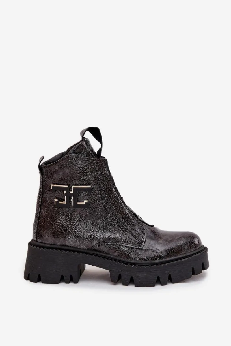 Outlet Artiker Skórzane Lakierowane Botki Damskie Z Ozdobą Ocieplane 57C2081 Grafitowe Szary