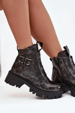 Outlet Artiker Skórzane Lakierowane Botki Damskie Z Ozdobą Ocieplane 57C2081 Grafitowe Szary