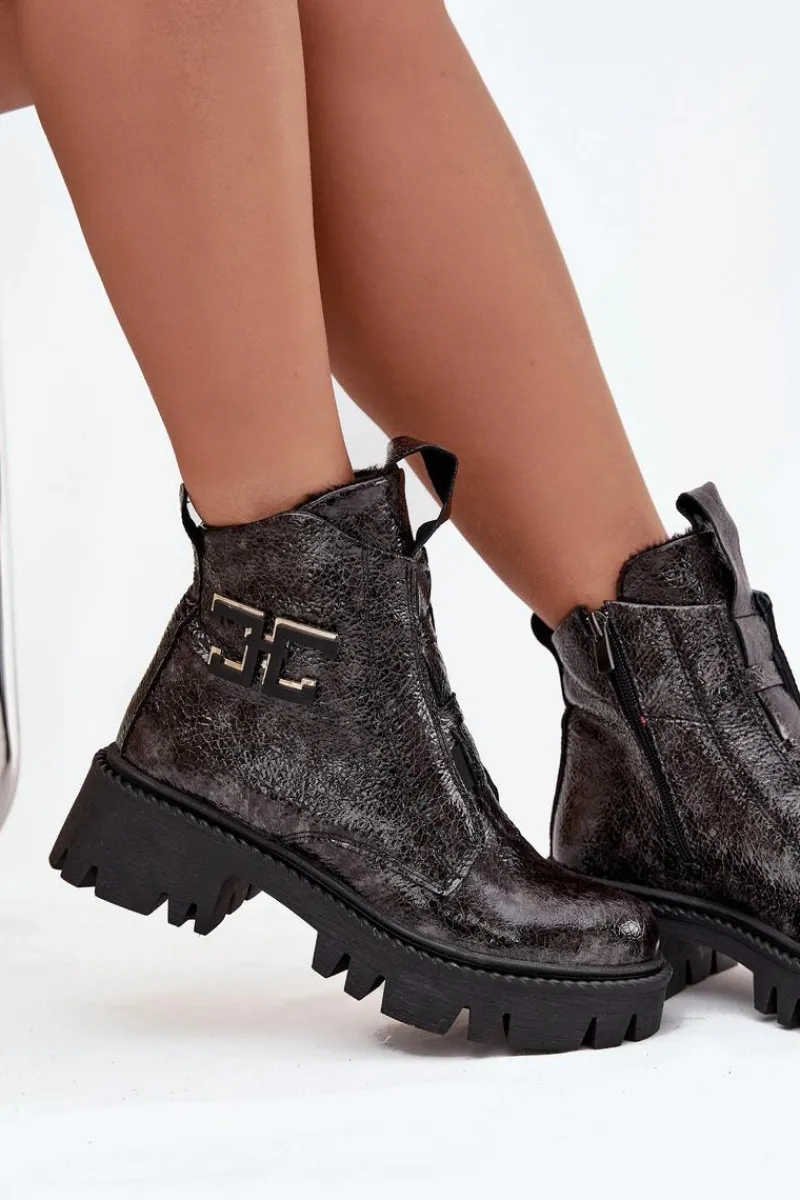 Outlet Artiker Skórzane Lakierowane Botki Damskie Z Ozdobą Ocieplane 57C2081 Grafitowe Szary