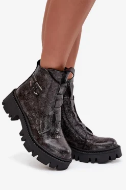 Outlet Artiker Skórzane Lakierowane Botki Damskie Z Ozdobą Ocieplane 57C2081 Grafitowe Szary