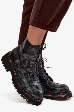 Sale Artiker Skórzane Lakierowane Botki Damskie 57C0065 Szare