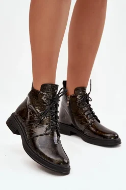 Botki Ocieplane|Damskie Trapery>Damskie buty S.Barski Skórzane Lakierowane Botki Damskie Ocieplane Na Zamek D&A LZ42-042 Złote Złoty