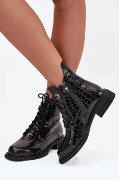 Botki Ocieplane|Botki Sznurowane>Boto Skórzane Lakierowane Botki Z Tłoczeniem Ocieplane Czarne Juviane