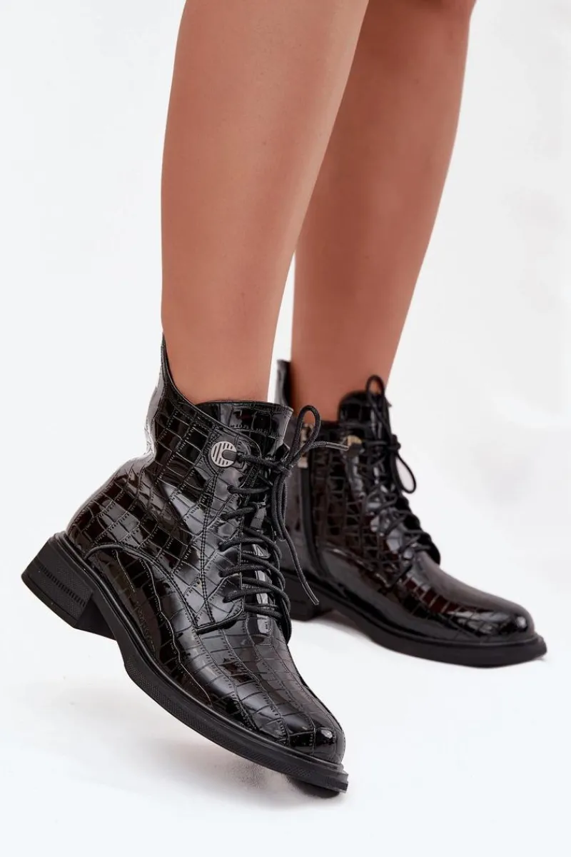 Botki Ocieplane|Botki Sznurowane>Boto Skórzane Lakierowane Botki Z Tłoczeniem Ocieplane Czarne Juviane