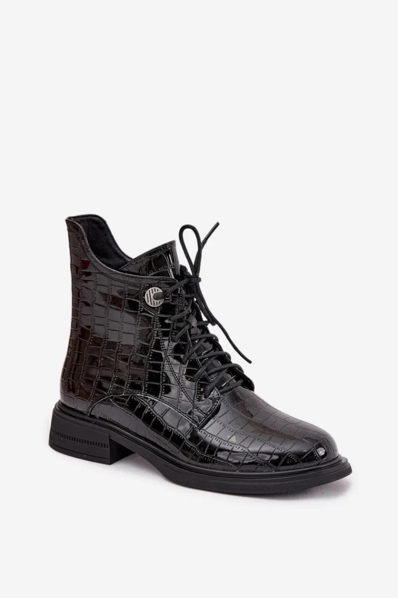 Botki Ocieplane|Botki Sznurowane>Boto Skórzane Lakierowane Botki Z Tłoczeniem Ocieplane Czarne Juviane