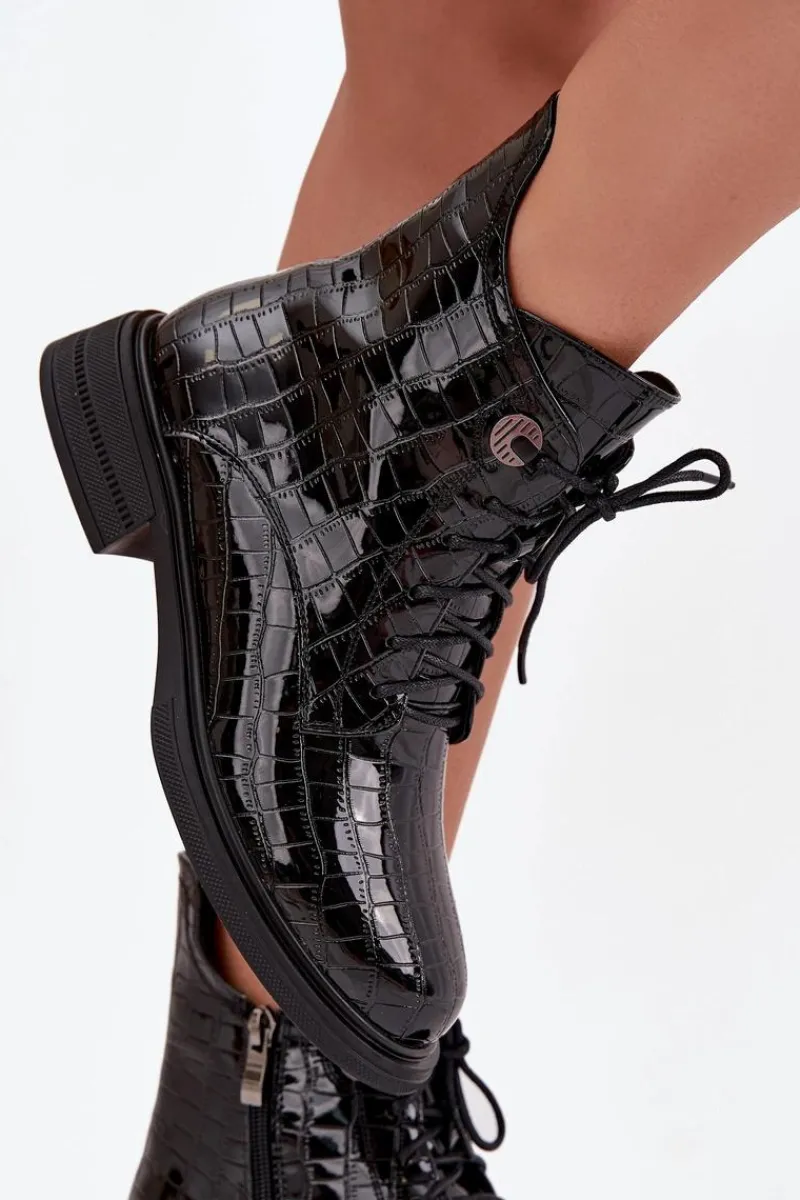 Botki Ocieplane|Botki Sznurowane>Boto Skórzane Lakierowane Botki Z Tłoczeniem Ocieplane Czarne Juviane