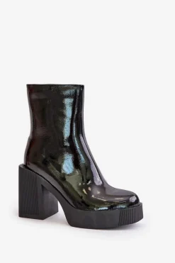 Sale Damskie buty S.Barski Skórzane Lakierowane Botki Damskie Na Masywnym Słupku Ocieplane D&A CR42-189 Czarne