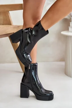 Sale Damskie buty S.Barski Skórzane Lakierowane Botki Damskie Na Masywnym Słupku Ocieplane D&A CR42-189 Czarne