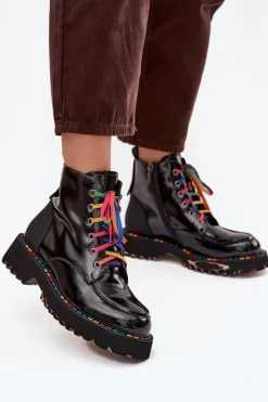 Skórzane Lakierowane Botki Damskie 57C0064 Czarne Damskie Botki Skórzane|Botki Sznurowane