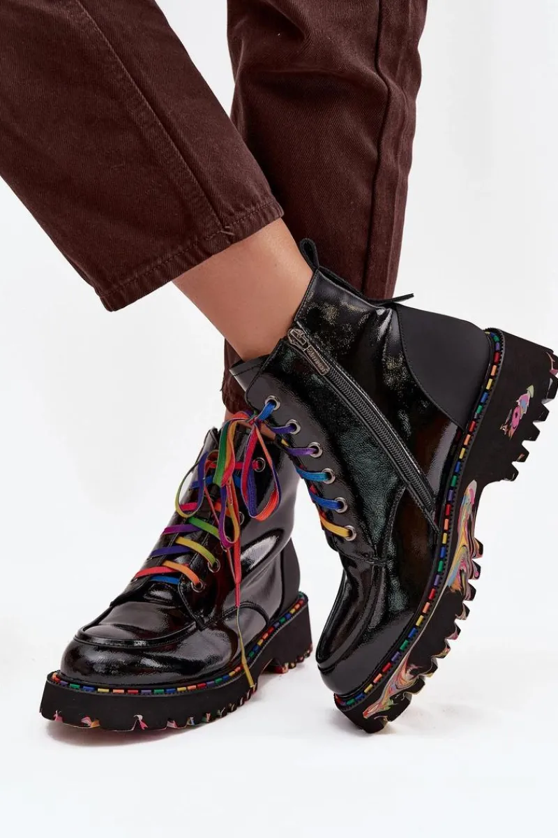 Skórzane Lakierowane Botki Damskie 57C0064 Czarne Damskie Botki Skórzane|Botki Sznurowane