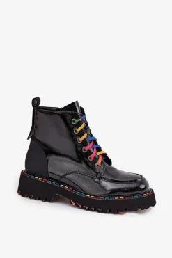 Skórzane Lakierowane Botki Damskie 57C0064 Czarne Damskie Botki Skórzane|Botki Sznurowane