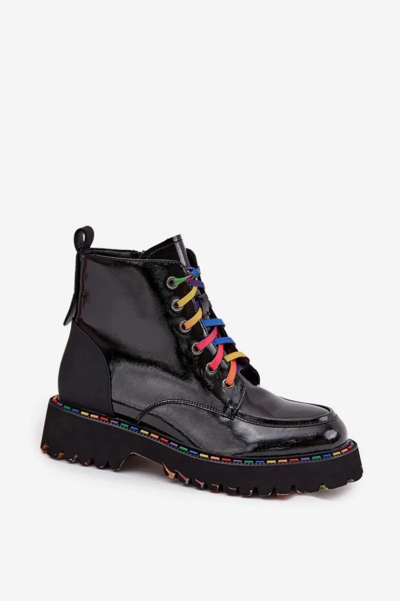 Skórzane Lakierowane Botki Damskie 57C0064 Czarne Damskie Botki Skórzane|Botki Sznurowane