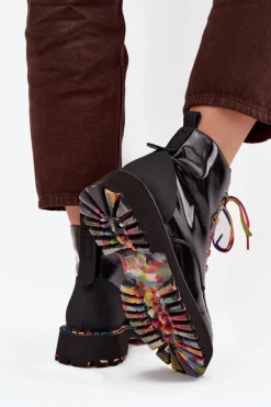 Skórzane Lakierowane Botki Damskie 57C0064 Czarne Damskie Botki Skórzane|Botki Sznurowane