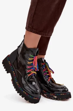 Skórzane Lakierowane Botki Damskie 57C0064 Czarne Damskie Botki Skórzane|Botki Sznurowane