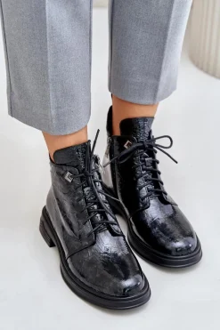 Clearance Damskie buty S.Barski Skórzane Lakierowane Botki Damskie Ocieplane Na Zamek D&A LZ42-042 Czarno-Szare Czarny