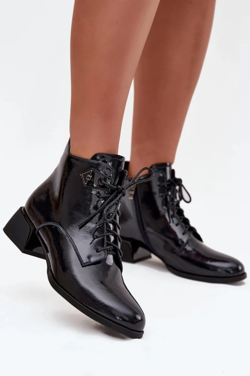 Hot Skórzane Lakierowane Botki Damskie Na Klocku 57C1117 Czarne Damskie Botki Ocieplane|Botki Skórzane