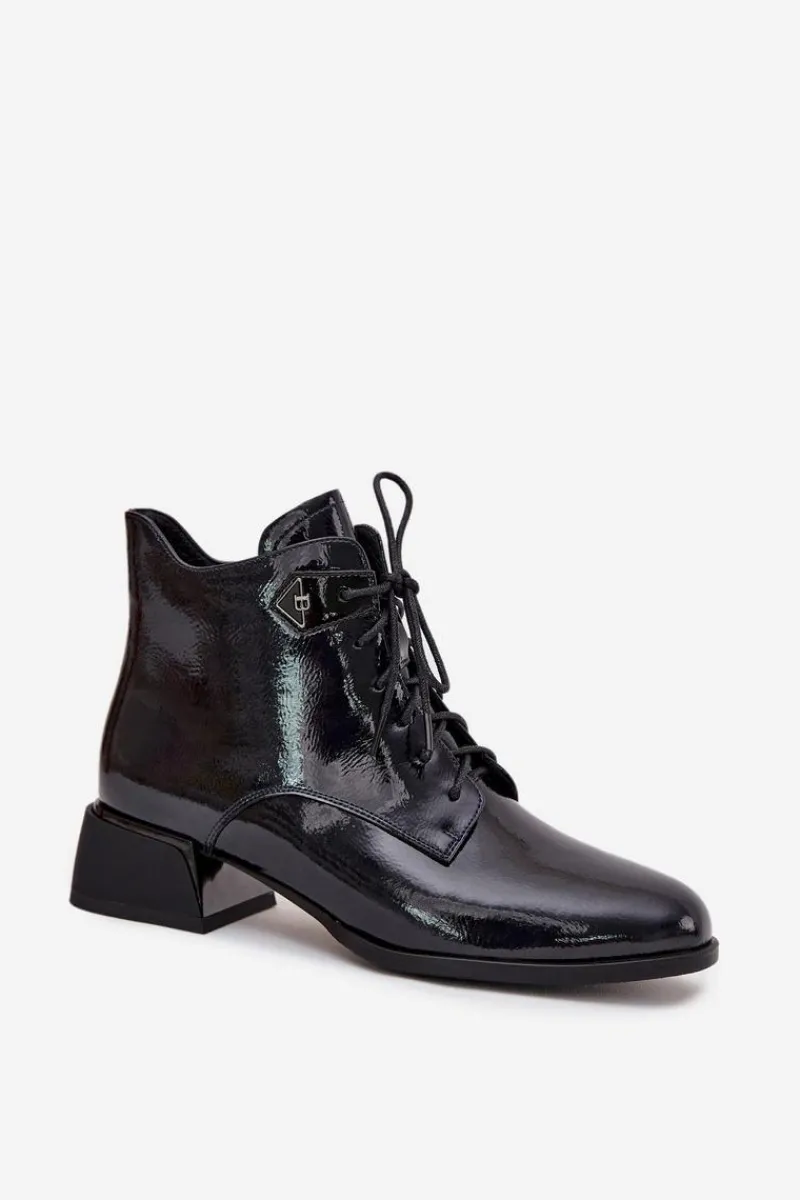 Hot Skórzane Lakierowane Botki Damskie Na Klocku 57C1117 Czarne Damskie Botki Ocieplane|Botki Skórzane