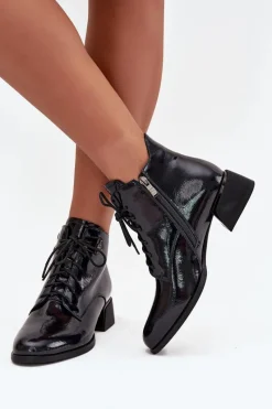 Hot Skórzane Lakierowane Botki Damskie Na Klocku 57C1117 Czarne Damskie Botki Ocieplane|Botki Skórzane