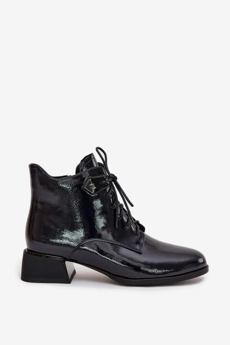 Hot Skórzane Lakierowane Botki Damskie Na Klocku 57C1117 Czarne Damskie Botki Ocieplane|Botki Skórzane