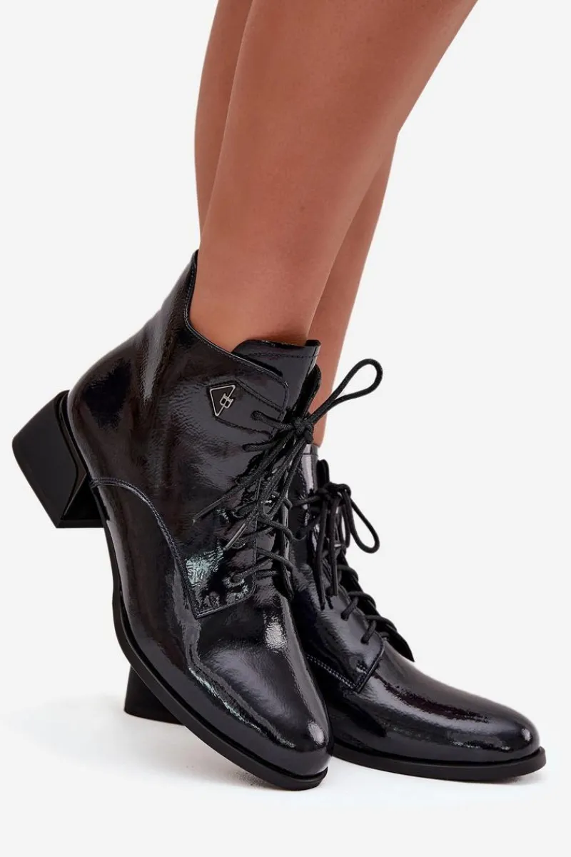 Hot Skórzane Lakierowane Botki Damskie Na Klocku 57C1117 Czarne Damskie Botki Ocieplane|Botki Skórzane